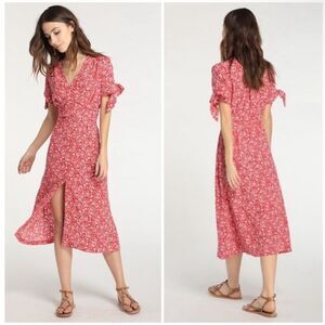 ROUJE | Laura Red Floral Midi Dress Short Tie Sleeves Women’s Size 36